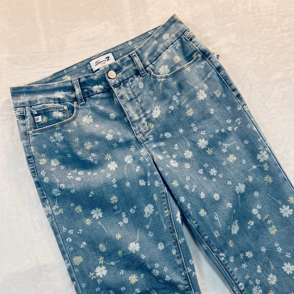 Seven7 Tummyless High Rise Ankle Straight Floral Jeans Blue Daisy Print Size 8